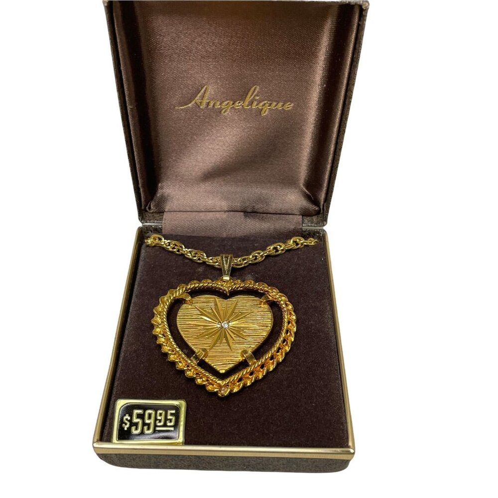 1970s Heart Rhinestone Pendant Necklace by Angelique-NOS MCM RARE Gold Tone